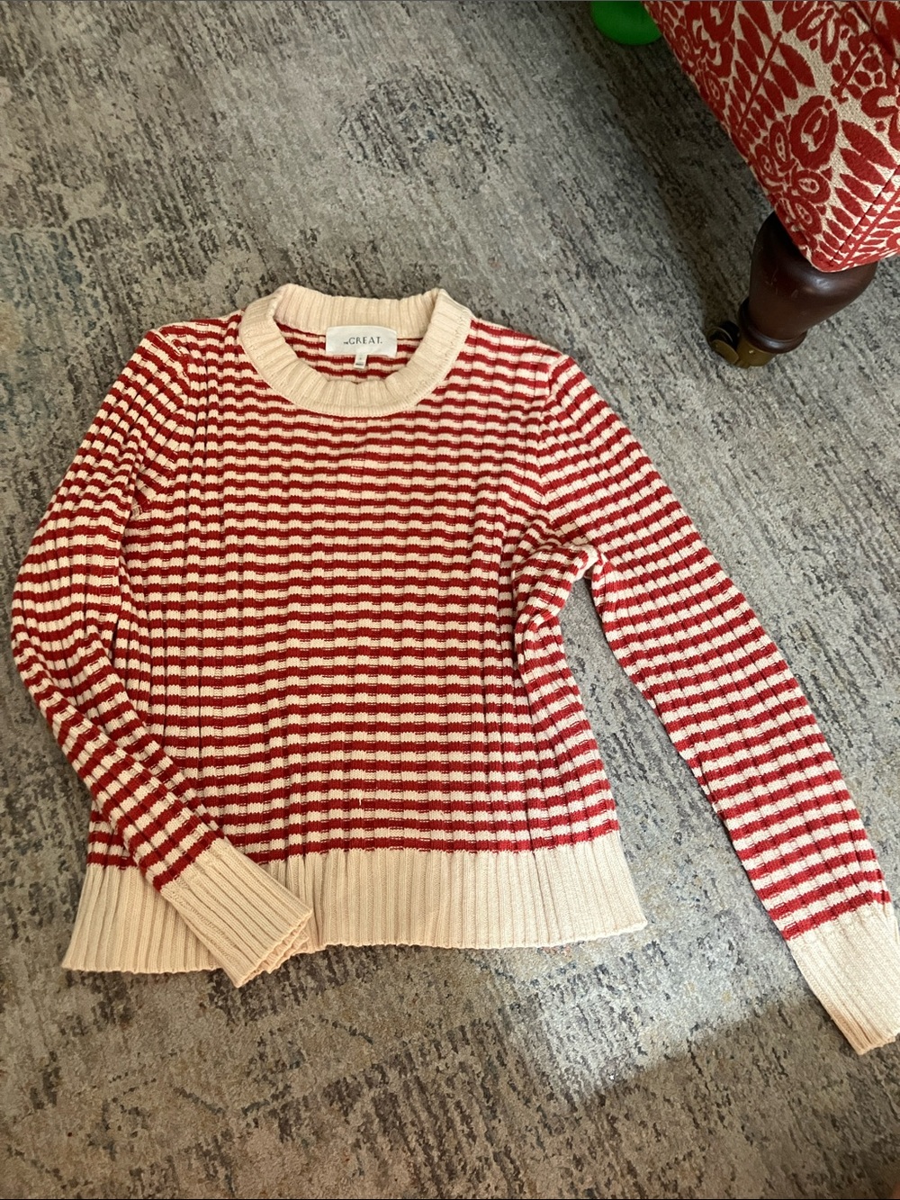 THE GREAT. Red and Cream Striped Crewneck Sweater